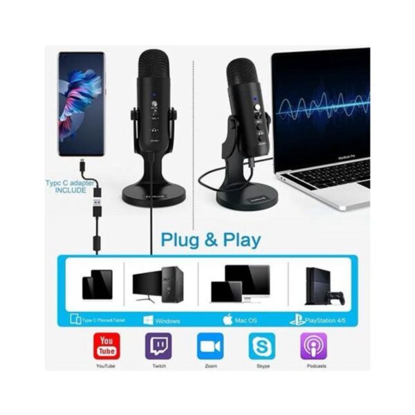 Podcast Streaming USB Condenser Microphone with Echo Control, Mute Button & Volume Adjustment - Image 4